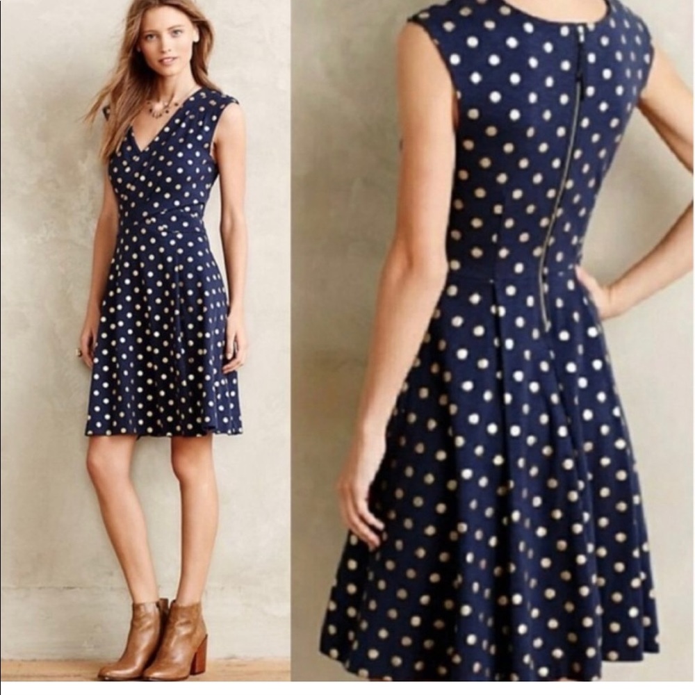 Anthropologie Navy Blue Polka Dot Midi Dress - Picture 5 of 10